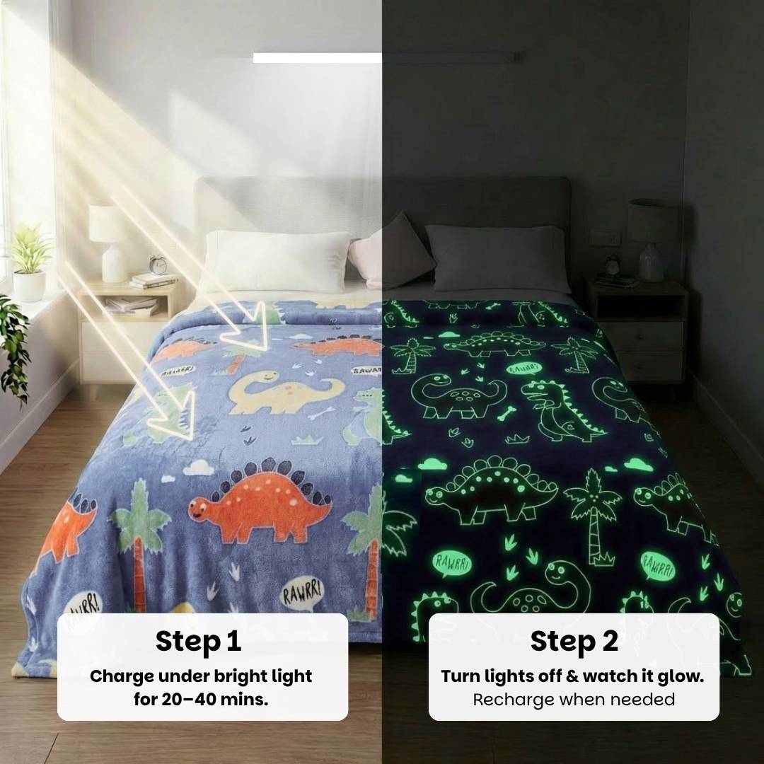 Rexy the Dino glow bedsheet and Blue Dino glow in the dark quilt, blanket and AC comforter set for kids with soft flannel fabric, king size glow bedsheet, queen size blanket, skin-safe glow technology, lightweight all-season comfort, and ideal for bedtime, kids' rooms, sleepovers, and gifting.
