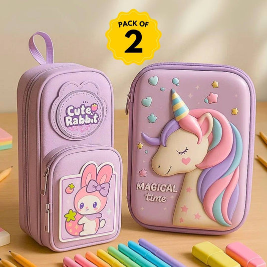 Famyo School Supplies Bundle – Pink Rabbit Pencil Pouch for Girls + Pink Unicorn Pencil Case for Girls | 3-Compartment Zipper Pouch + Hard Shell Pencil Box