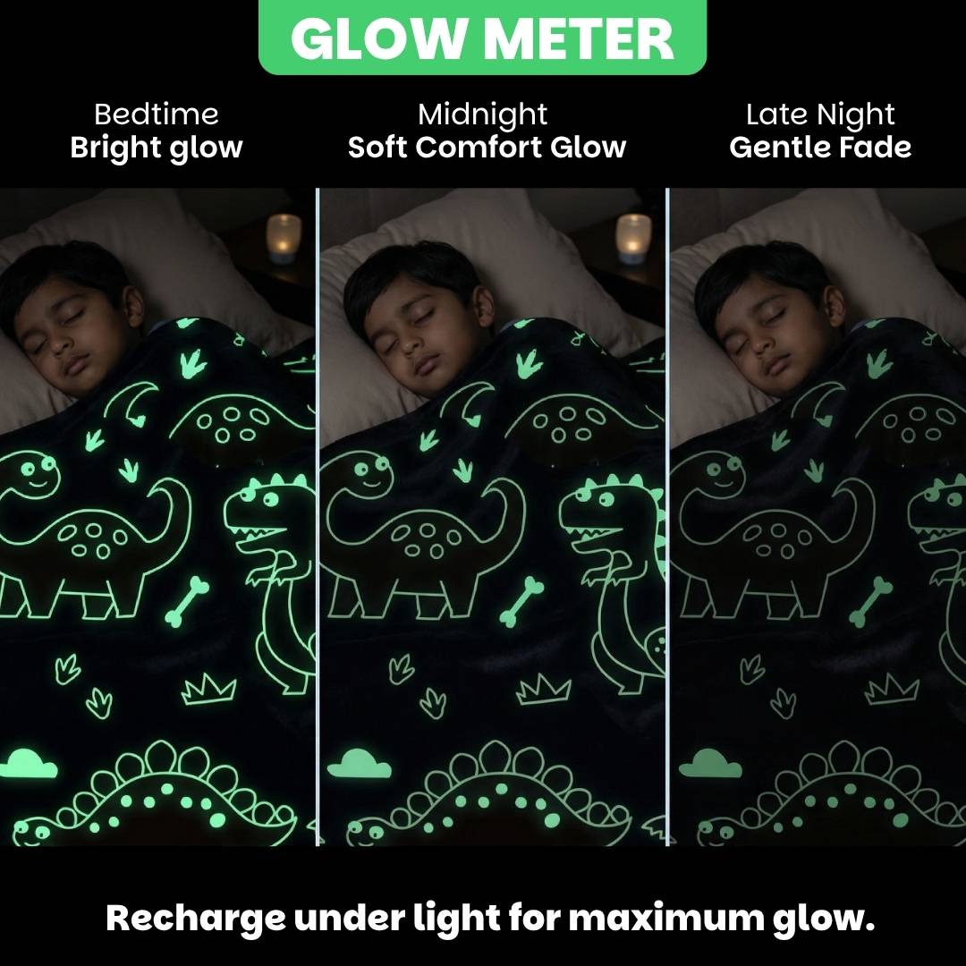Rexy the Dino & Blue Dino Glow in the Dark Quilt/Blanket/AC Comforter & Glow Bedsheet Set for Kids | Soft Flannel Queen Size AC Blanket | Glow Maxx Series