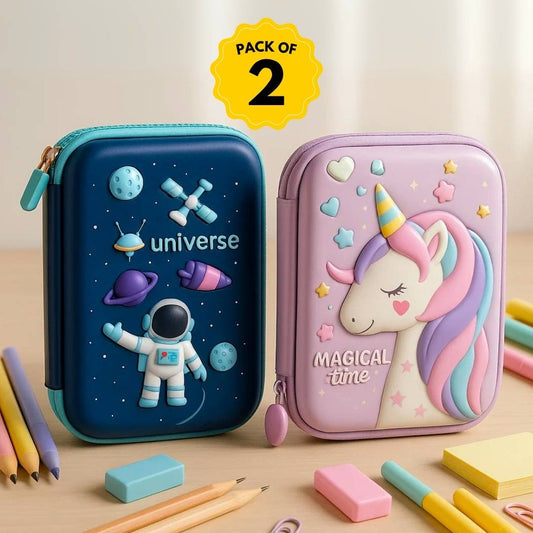 Famyo Pencil Case Bundle – Pink Unicorn Pencil Case for Girls + Blue Space Pencil Case for Kids | Hard Shell School Supplies Set