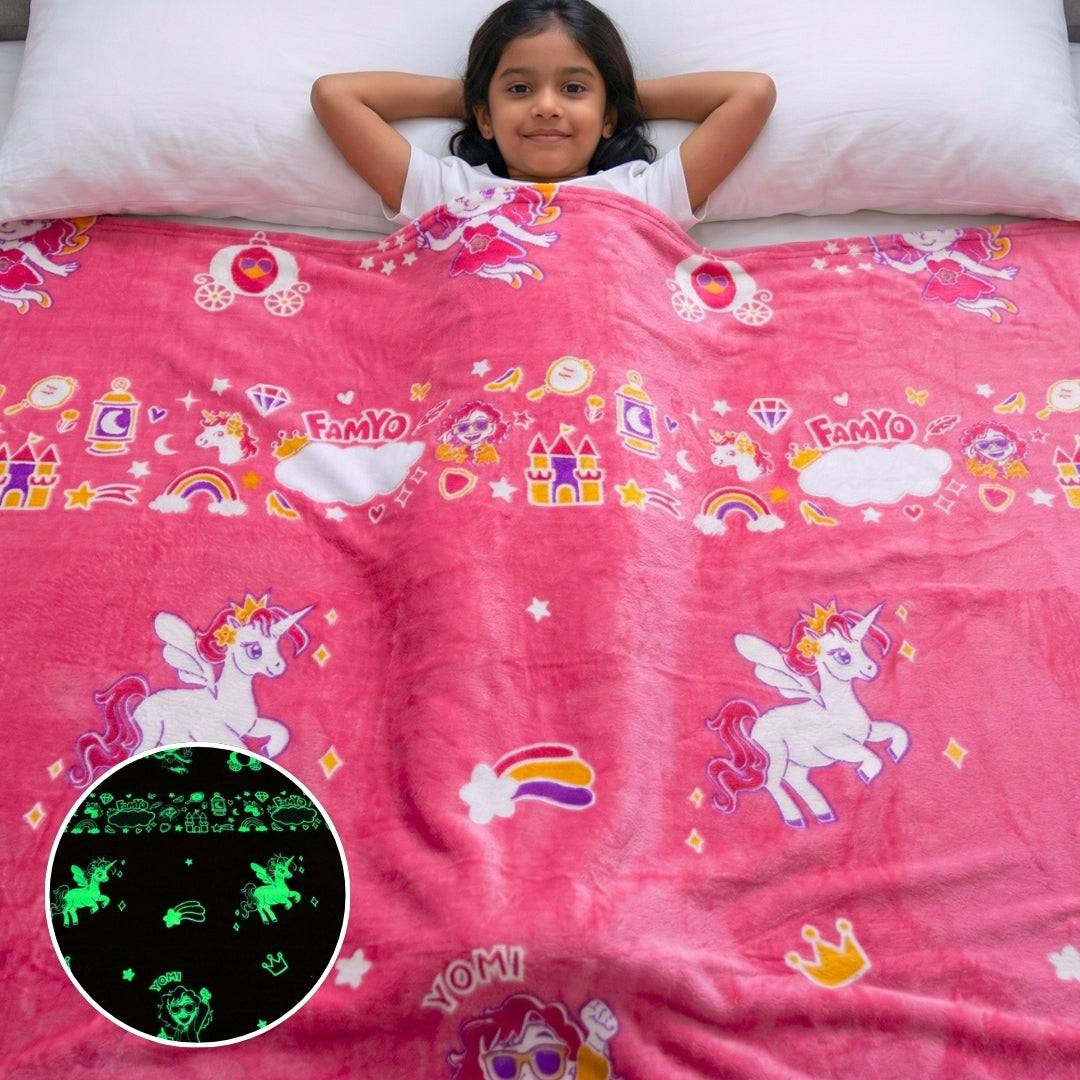 June the Unicorn & Rexy the Dino Glow Maxx Blanket, Set of 2 – Glow Maxx Series | Soft Flannel Queen Size AC Blankets, 200×152 cm