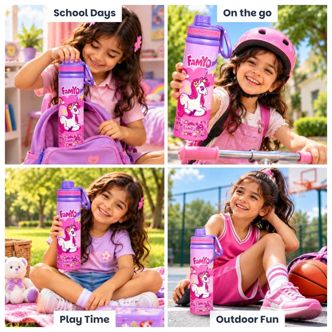 Kids stainless steel water bottle available in June the Unicorn, Rexy the Dinosaur, Leo the Astronaut, Dark Blue Astronaut, and Lavender Unicorn designs, featuring a 900 ml capacity, ideal for school, travel, and everyday hydration.
