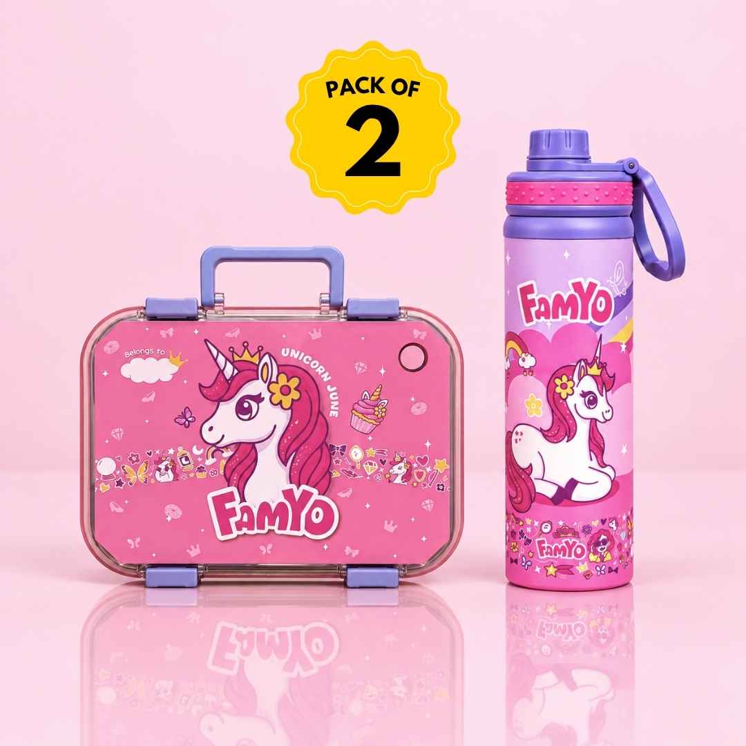 June the Unicorn Bento Lunch Box & Water Bottle Combo for Kids | Leakproof Bento Box & 900 ML Stainless Steel Water Bottle | School Essentials Set | Perfect for Festive Gifting
