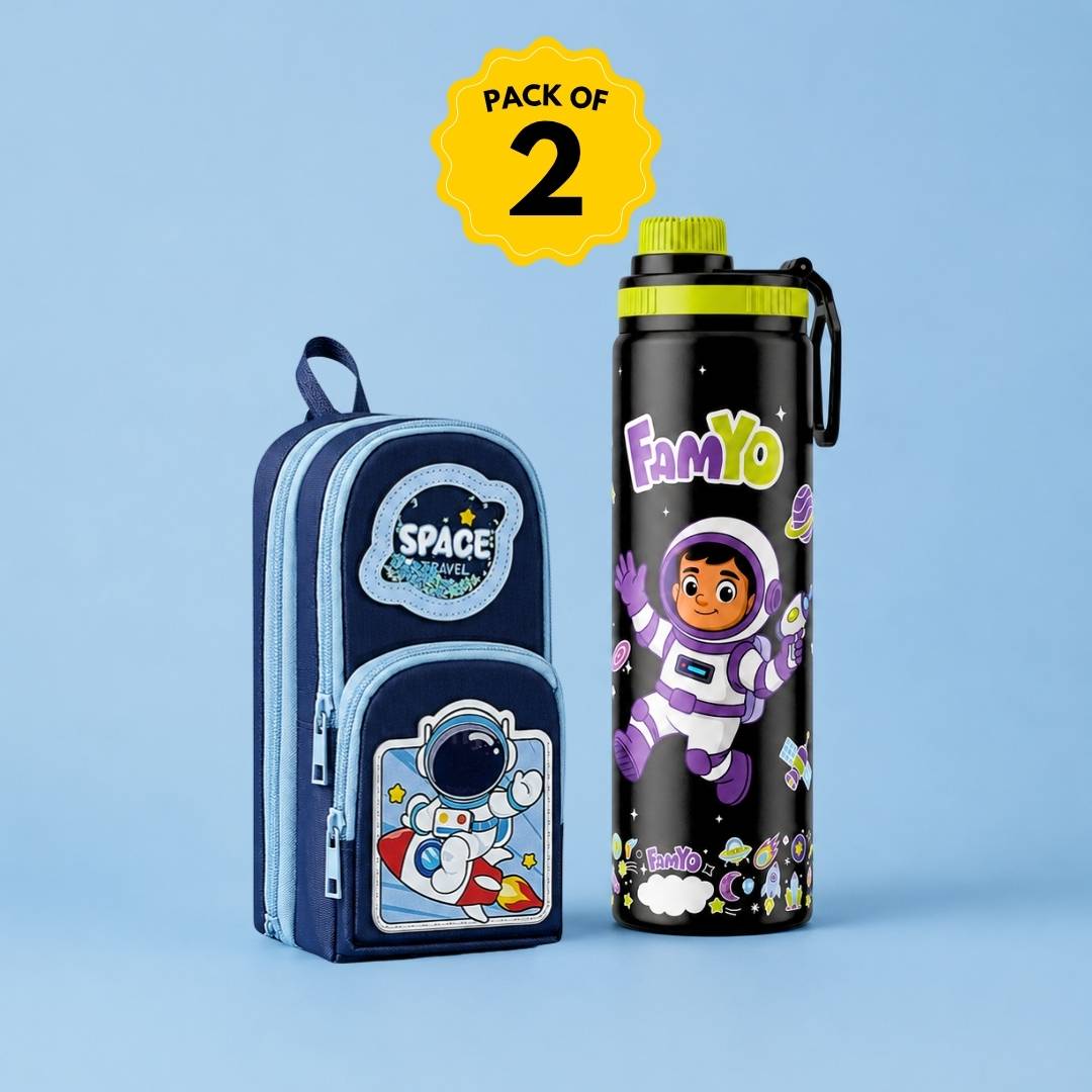 Leo Astronaut 900 ml stainless steel water bottle and Blue Space soft shell pencil pouch combo for kids featuring 3-compartment stationery storage, lightweight design, durable construction, and ideal for school, travel, and everyday use.