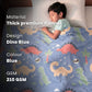 Rexy the Dino glow bedsheet and Blue Dino glow in the dark quilt, blanket and AC comforter set for kids with soft flannel fabric, king size glow bedsheet, queen size blanket, skin-safe glow technology, lightweight all-season comfort, and ideal for bedtime, kids' rooms, sleepovers, and gifting.