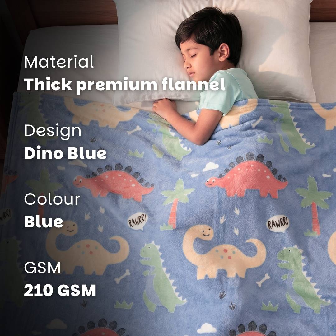 Rexy the Dino glow bedsheet and Blue Dino glow in the dark quilt, blanket and AC comforter set for kids with soft flannel fabric, king size glow bedsheet, queen size blanket, skin-safe glow technology, lightweight all-season comfort, and ideal for bedtime, kids' rooms, sleepovers, and gifting.