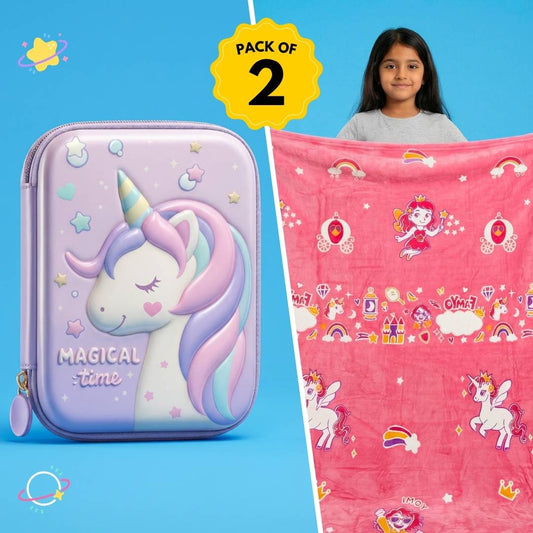 Famyo Exclusive Gift Set – June Unicorn GlowMaxx Blanket + Pink Unicorn Hard Shell Pencil Box | Limited Edition