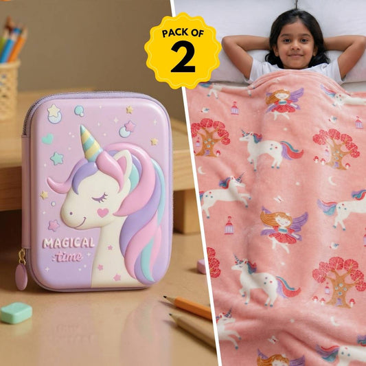 Famyo Gift Set – Cute Fairy Glow Blanket + Unicorn Hard Shell Pencil Box