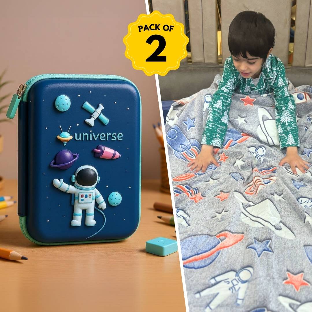 Famyo Gift Set – Blue Space Hard Shell Pencil Pouch & Rocket Glow in the Dark Quilt/Blanket/AC Comforter for Kids | Queen Size