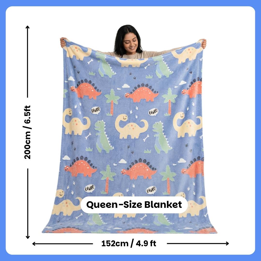 Rexy the Dino glow bedsheet and Blue Dino glow in the dark quilt, blanket and AC comforter set for kids with soft flannel fabric, king size glow bedsheet, queen size blanket, skin-safe glow technology, lightweight all-season comfort, and ideal for bedtime, kids' rooms, sleepovers, and gifting.