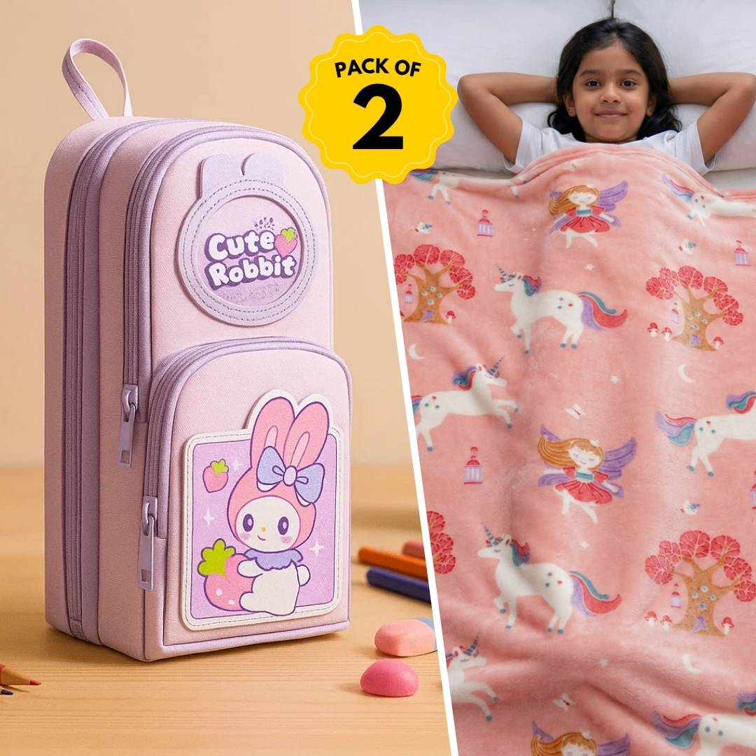 Famyo Gift Set – Cute Pink Rabbit Pencil Pouch & Cute Fairy Glow in the Dark Quilt/Blanket/AC Comforter for Kids | Queen Size