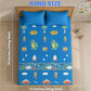 Rexy the Dino glow bedsheet and Blue Dino glow in the dark quilt, blanket and AC comforter set for kids with soft flannel fabric, king size glow bedsheet, queen size blanket, skin-safe glow technology, lightweight all-season comfort, and ideal for bedtime, kids' rooms, sleepovers, and gifting.