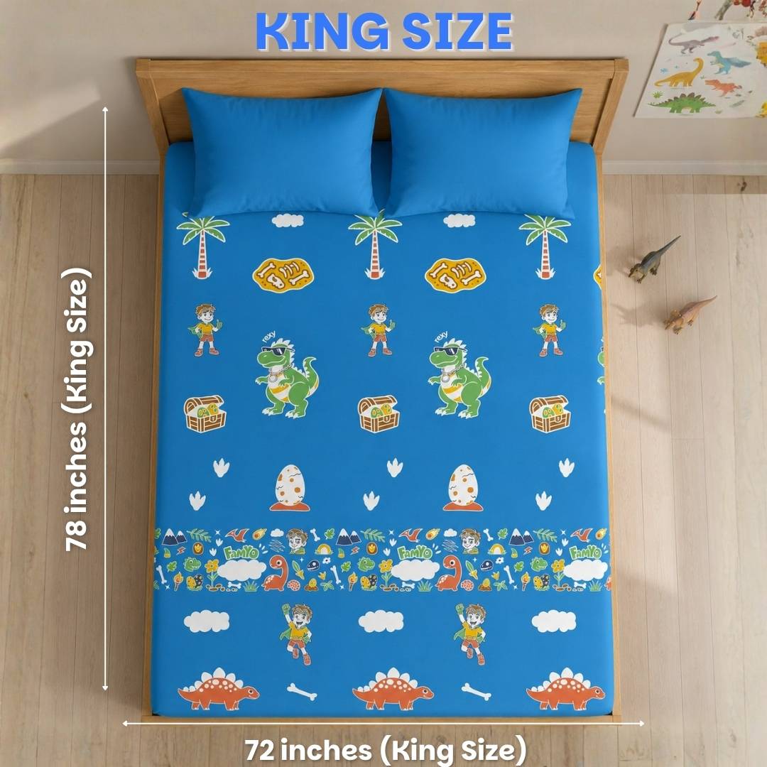 Rexy the Dino glow bedsheet and Blue Dino glow in the dark quilt, blanket and AC comforter set for kids with soft flannel fabric, king size glow bedsheet, queen size blanket, skin-safe glow technology, lightweight all-season comfort, and ideal for bedtime, kids' rooms, sleepovers, and gifting.