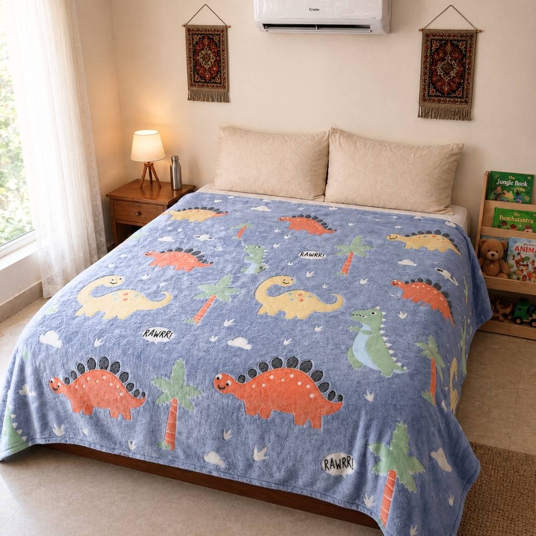 Rexy the Dino glow bedsheet and Blue Dino glow in the dark quilt, blanket and AC comforter set for kids with soft flannel fabric, king size glow bedsheet, queen size blanket, skin-safe glow technology, lightweight all-season comfort, and ideal for bedtime, kids' rooms, sleepovers, and gifting.
