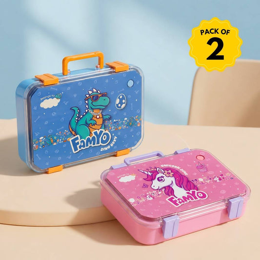 Famyo Kids Bento Lunch Box Combo – Rexy Dino & June Unicorn | Leakproof Tiffin Box Set | 3 Stainless Steel Compartments | BPA-Free School Lunch Box for Kids