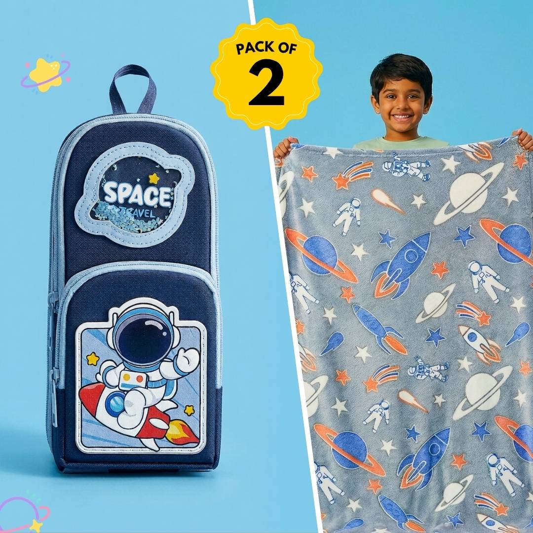 Famyo Gift Set – Blue Space Hard Shell Pencil Pouch & Rocket & Spaceship Glow in the Dark Quilt/Blanket/AC Comforter for Kids | Queen Size