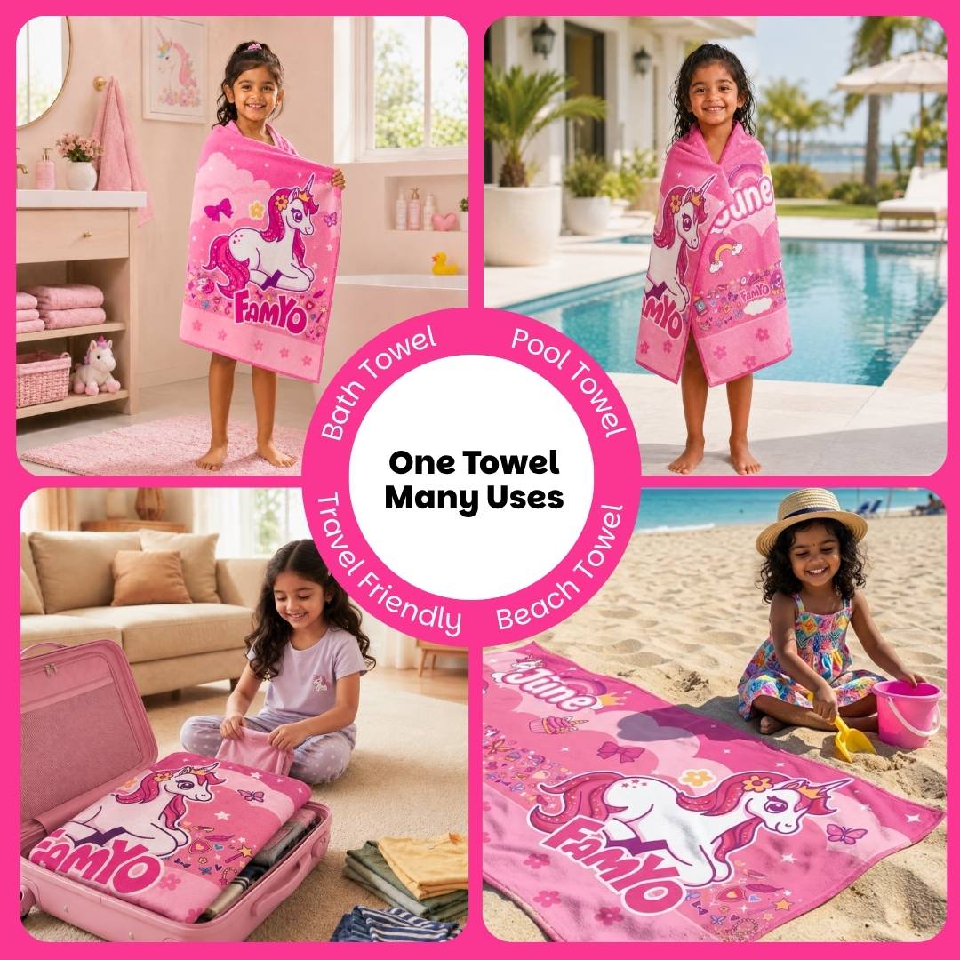 Famyo June the Unicorn Flat Towel for Kids made with premium microfiber fabric featuring quick dry technology, lightweight and travel friendly design, fade resistant print, soft and highly absorbent for bath, beach, swimming and everyday use.