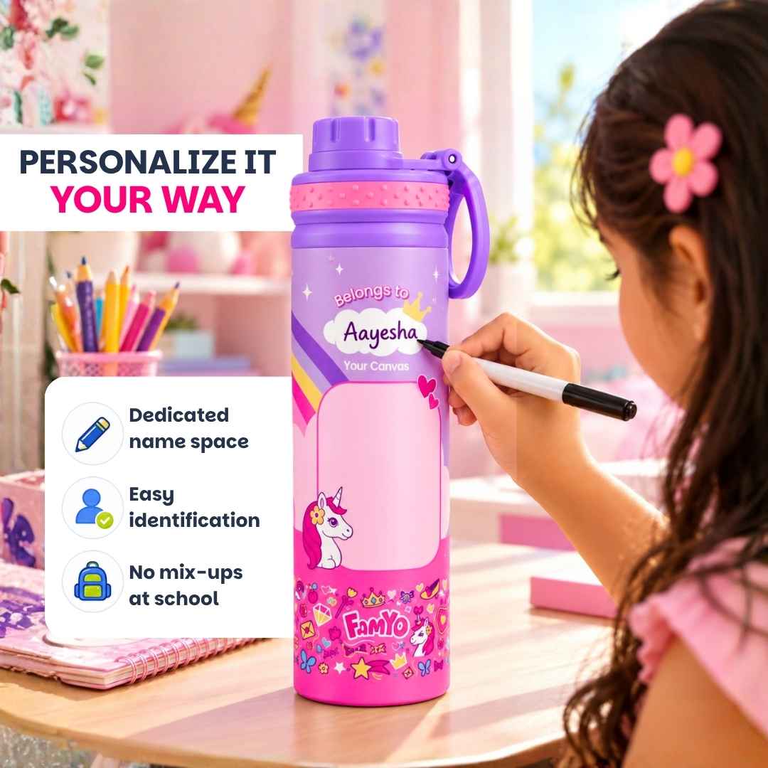 Kids stainless steel water bottle available in June the Unicorn, Rexy the Dinosaur, Leo the Astronaut, Dark Blue Astronaut, and Lavender Unicorn designs, featuring a 900 ml capacity, ideal for school, travel, and everyday hydration.