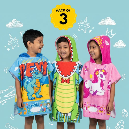 Rexy the Dino, June the Unicorn & Crocodile Poncho Towels – Set of 3 | Quick-Dry Microfiber Hooded Kids Towels (1–7 Years)