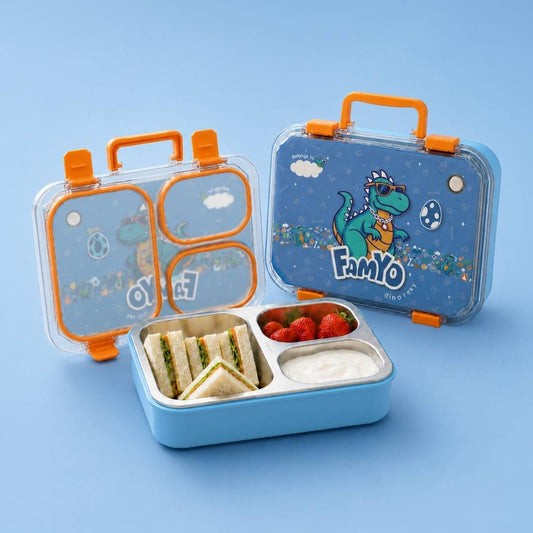 Famyo Rexy Dino Bento Lunch Box for Kids | Leakproof Kids Tiffin Box | 3 Stainless Steel Compartments | BPA-Free School Lunch Box