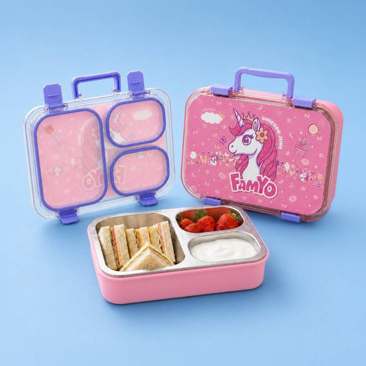 Famyo June Unicorn Bento Lunch Box for Kids | Leakproof Kids Tiffin Box | 3 Stainless Steel Compartments | BPA-Free School Lunch Box