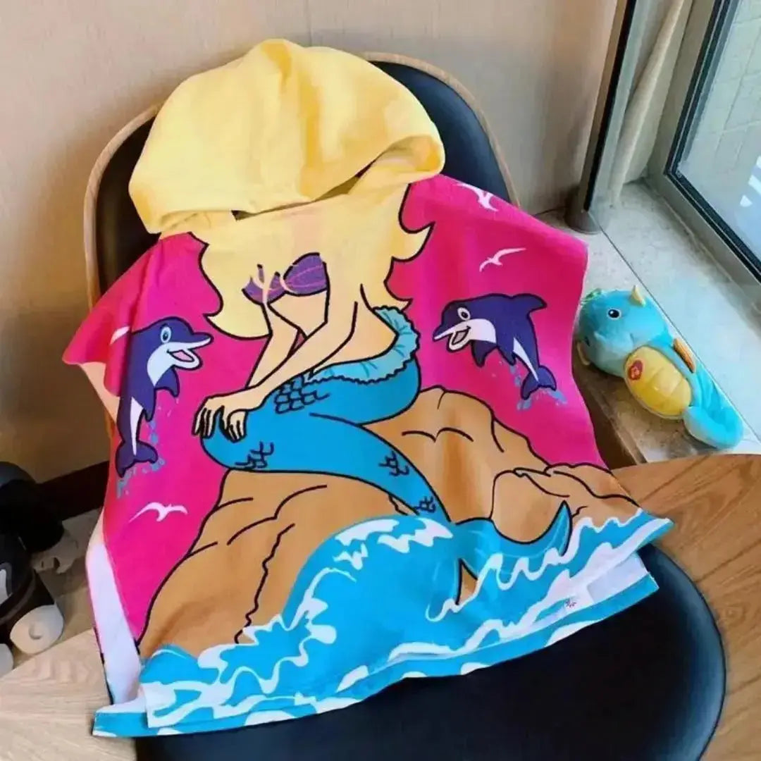 Cute Mermaid Poncho Towel for Kids | Hooded Beach Bath Towels for Girls | 60 x 60cm Toddler Pool Towel with Hood