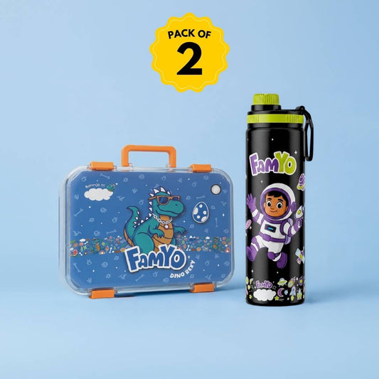 Famyo Rexy Dinosaur Lunch Box & Leo Astronaut Water Bottle Combo for Kids | Leakproof Bento Box & Kids Water Bottle | School Essentials Set