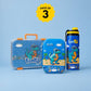 Famyo Rexy Dinosaur School Essentials Kit for Kids | Bento Lunch Box, 900 ml Steel Water Bottle & Hard Shell Pencil Pouch Combo