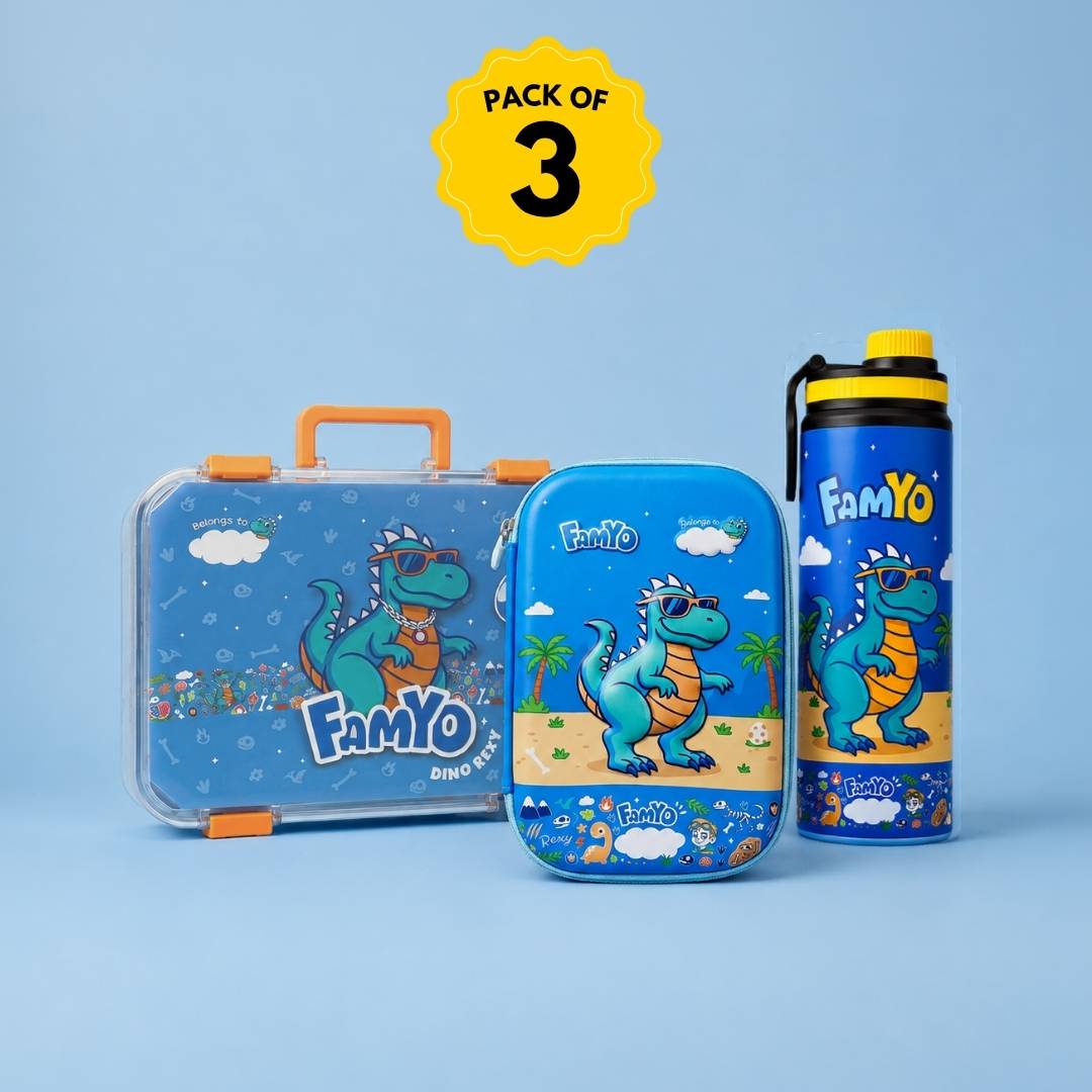 Famyo Rexy Dinosaur School Essentials Kit for Kids | Bento Lunch Box, 900 ml Steel Water Bottle & Hard Shell Pencil Pouch Combo