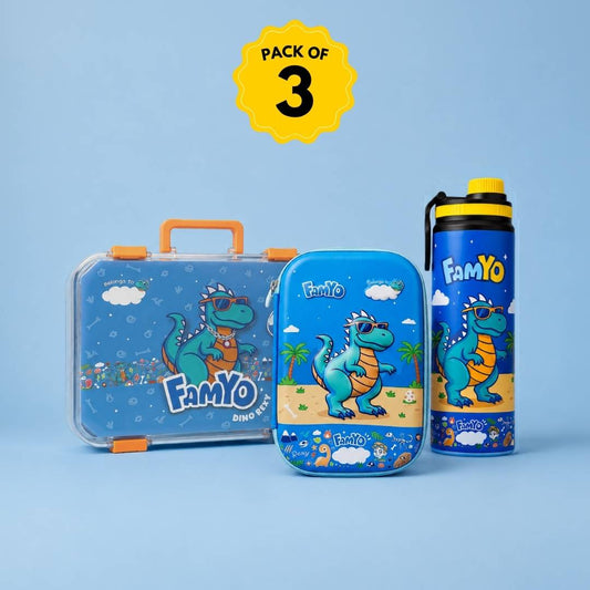 Famyo Rexy Dinosaur School Essentials Kit for Kids | Bento Lunch Box, 900 ml Steel Water Bottle & Hard Shell Pencil Pouch Combo