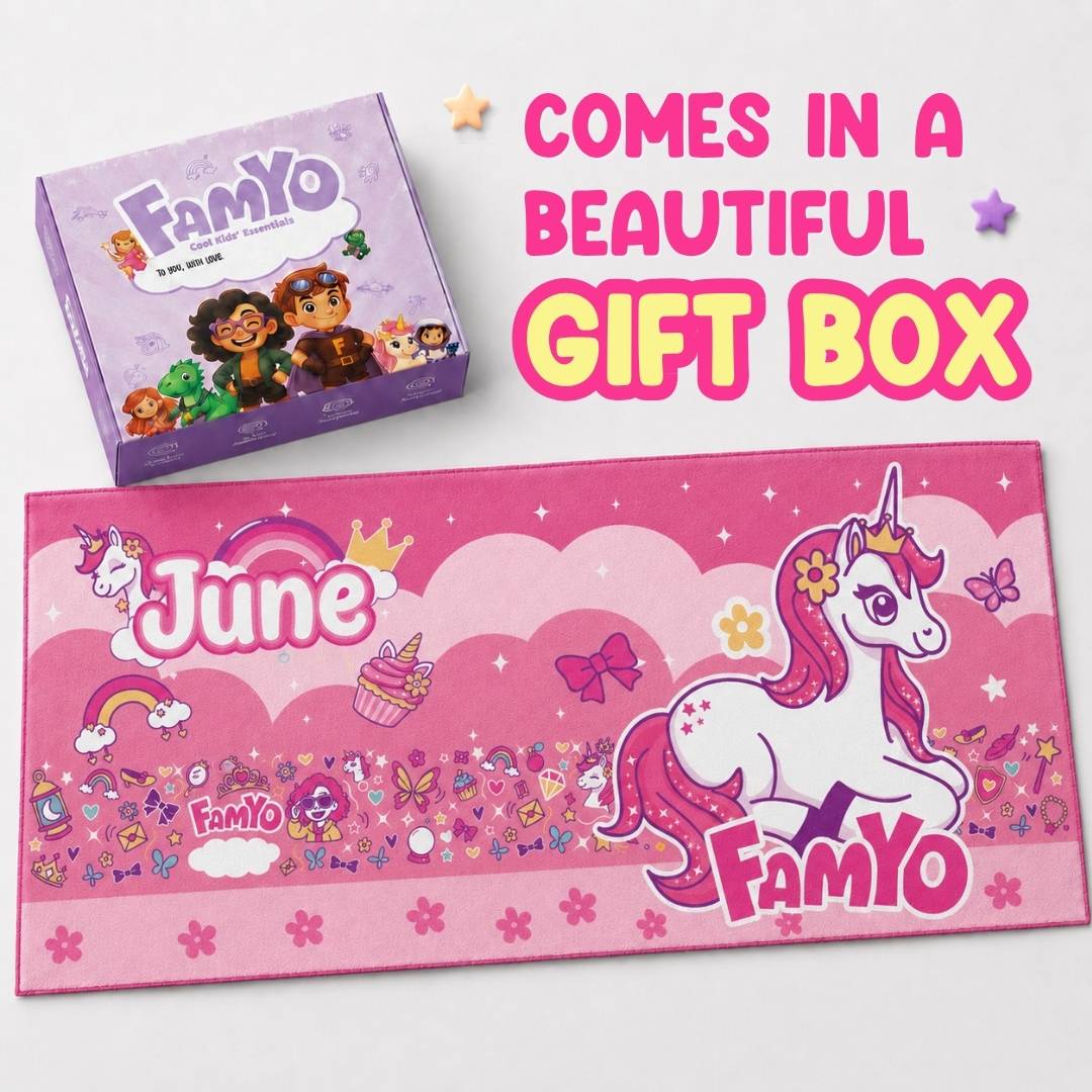 Famyo June the Unicorn Flat Towel for Kids made with premium microfiber fabric featuring quick dry technology, lightweight and travel friendly design, fade resistant print, soft and highly absorbent for bath, beach, swimming and everyday use.