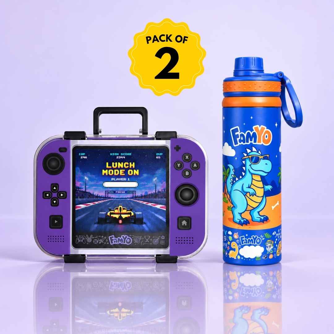 Famyo Game On Bento Lunch Box & Rexy Dinosaur Water Bottle Combo for Kids | Leakproof Bento Box & 900 ML Stainless Steel Water Bottle | School Essentials Set | Perfect for Festive Gifting