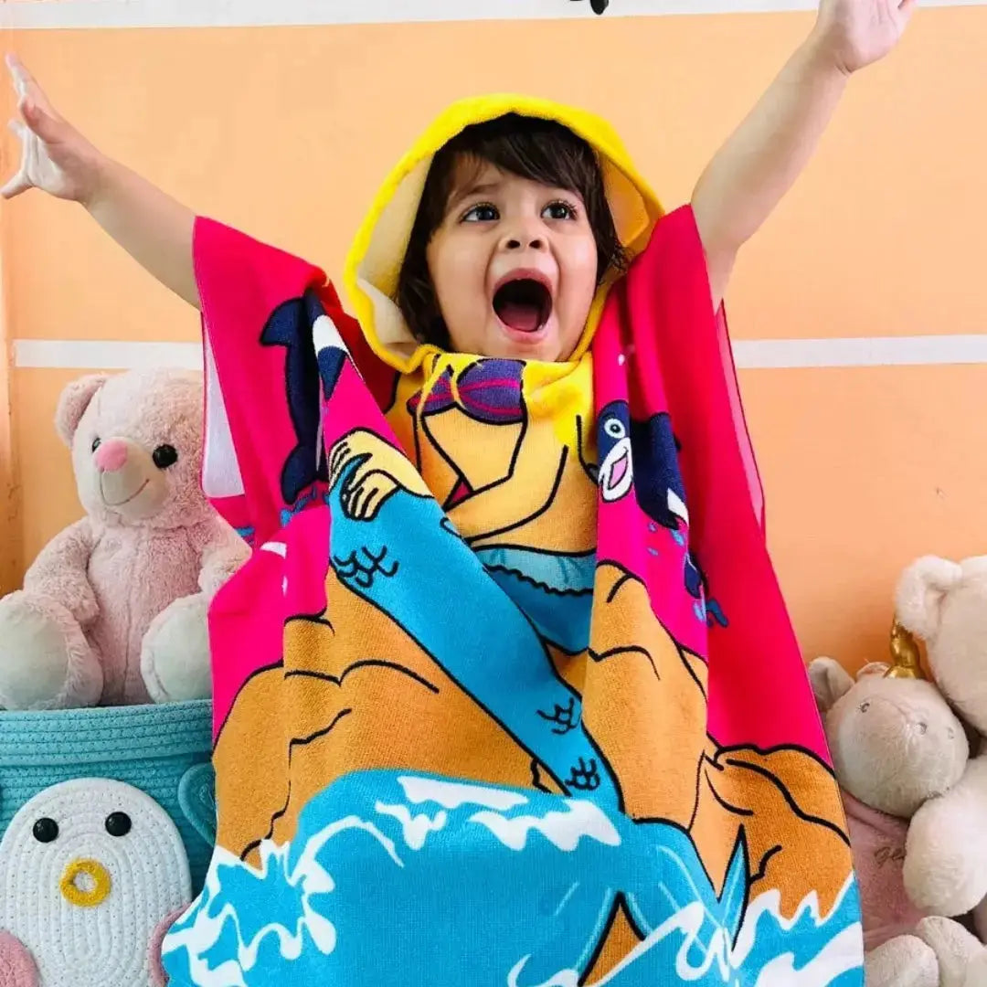 Cute Pink Mermaid Poncho Bath Towel for Kids, 1-7 years | Quick-Drying Microfiber Kids Towel