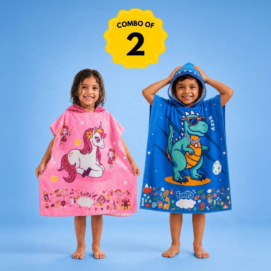 Rexy the Dino & June the Unicorn Hooded Poncho Towels for Kids, Set of 2 | Microfiber Bath Towels