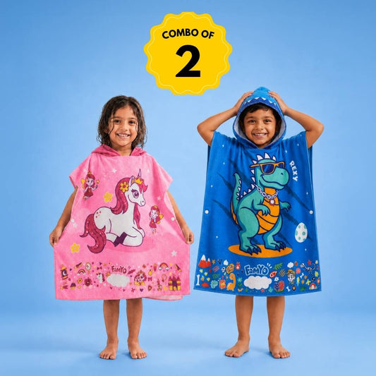 Rexy the Dino & June the Unicorn Hooded Poncho Towels for Kids, Set of 2 | Microfiber Bath Towels