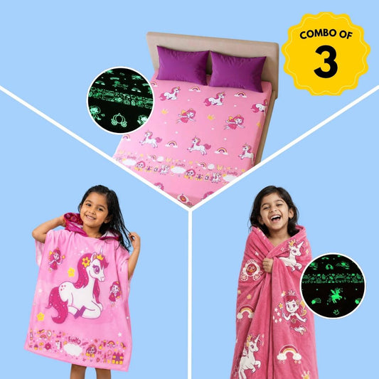 June the Unicorn Comfort Set for Kids | Glow Bedsheet, Glow Blanket & Hooded Poncho Towel Combo