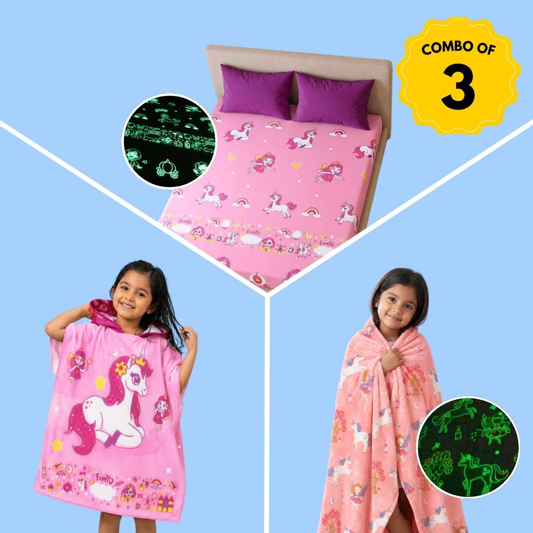 June & Fairy Unicorn Glow in the Dark Quilt/Blanket/AC Comforter, June Unicorn Glow Bedsheet & Hooded Poncho Towel Set for Kids