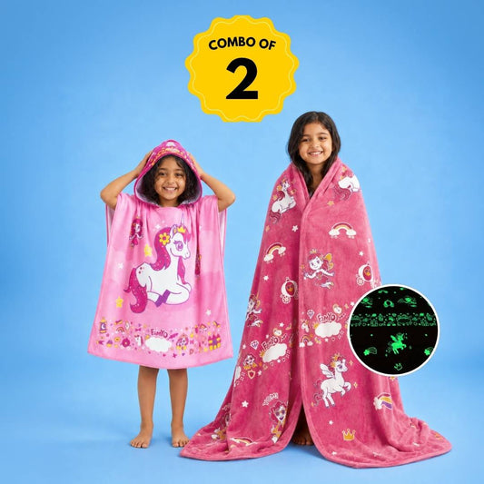 June the Unicorn Glow in the Dark Quilt/Blanket/AC Comforter & Hooded Poncho Towel Set for Kids | Glow Maxx & Hood Maxx Series