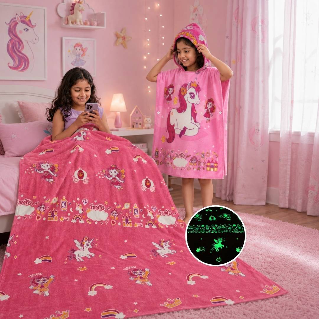 June the Unicorn Glow in the Dark Quilt/Blanket/AC Comforter & Hooded Poncho Towel Set for Kids | Glow Maxx & Hood Maxx Series