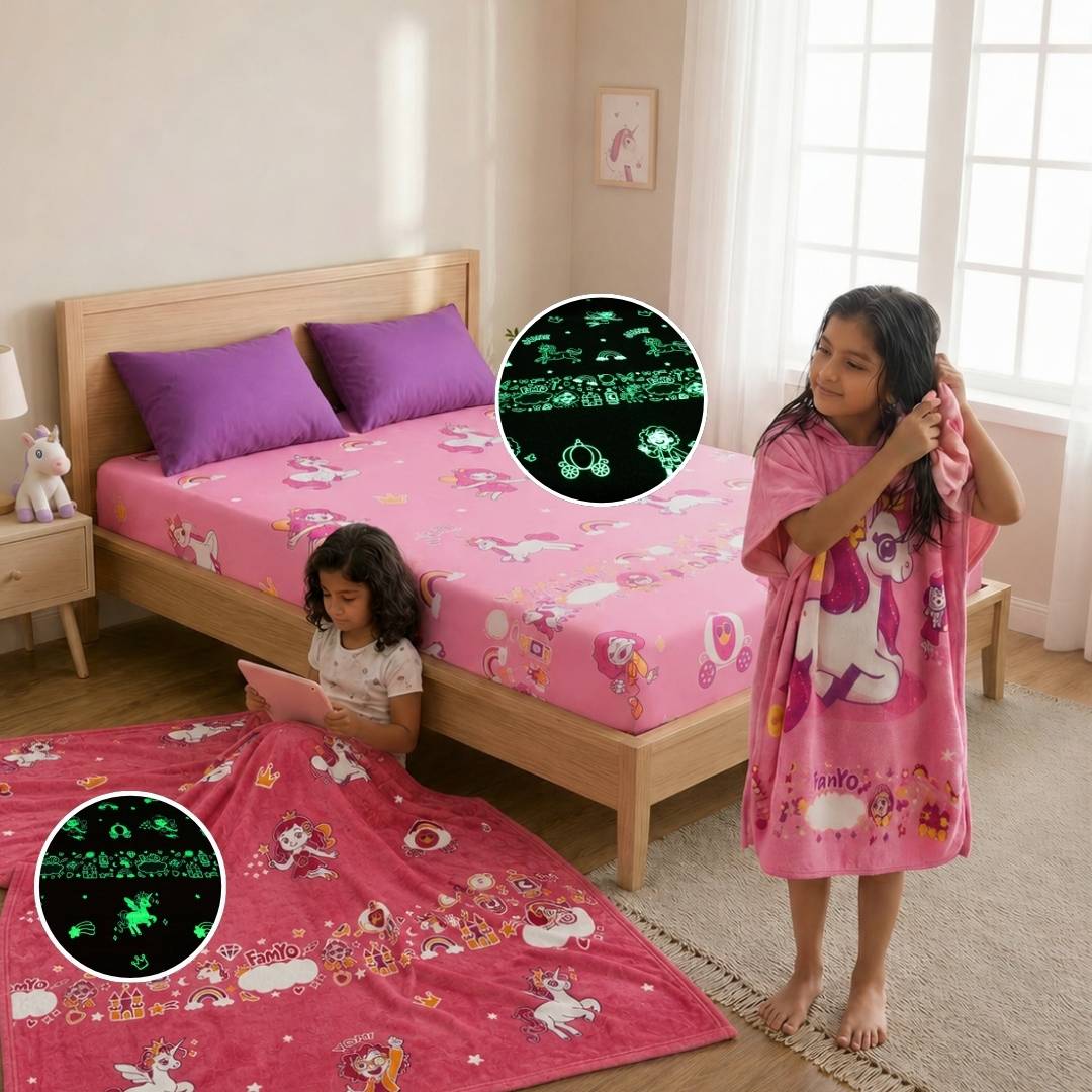 June the Unicorn Glow Bedsheet, Glow in the Dark Quilt/Blanket/AC Comforter & Hooded Poncho Towel Set | Glow Maxx Series