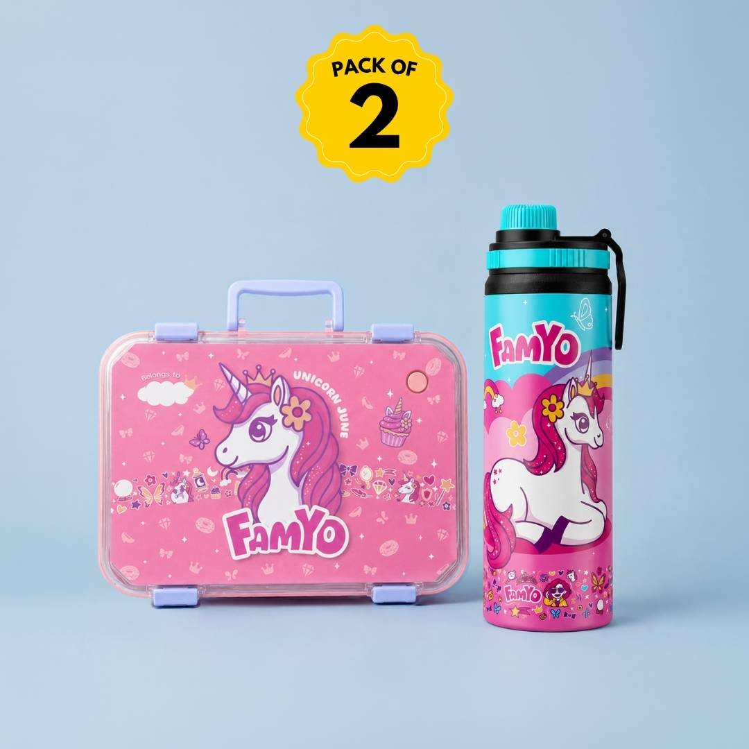 Famyo June Unicorn Lunch Box and Water Bottle Combo for Kids | Leakproof Bento Box & Kids Water Bottle | School Essentials Set