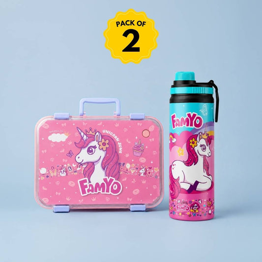 Famyo June Unicorn Lunch Box and Water Bottle Combo for Kids | Leakproof Bento Box & Kids Water Bottle | School Essentials Set