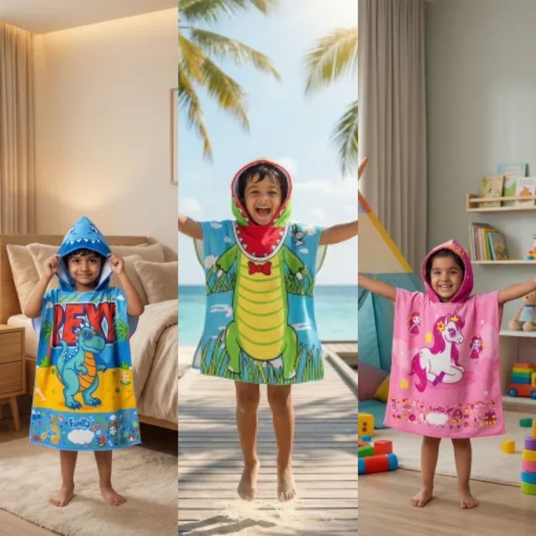 Rexy the Dino, June the Unicorn & Crocodile Poncho Towels – Set of 3 | Quick-Dry Microfiber Hooded Kids Towels (1–7 Years)