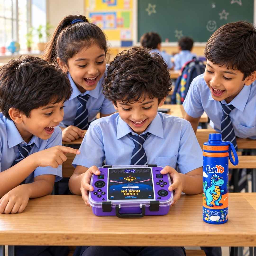 Famyo Game On Bento Lunch Box & Rexy Dinosaur Water Bottle Combo for Kids | Leakproof Bento Box & 900 ML Stainless Steel Water Bottle | School Essentials Set | Perfect for Festive Gifting