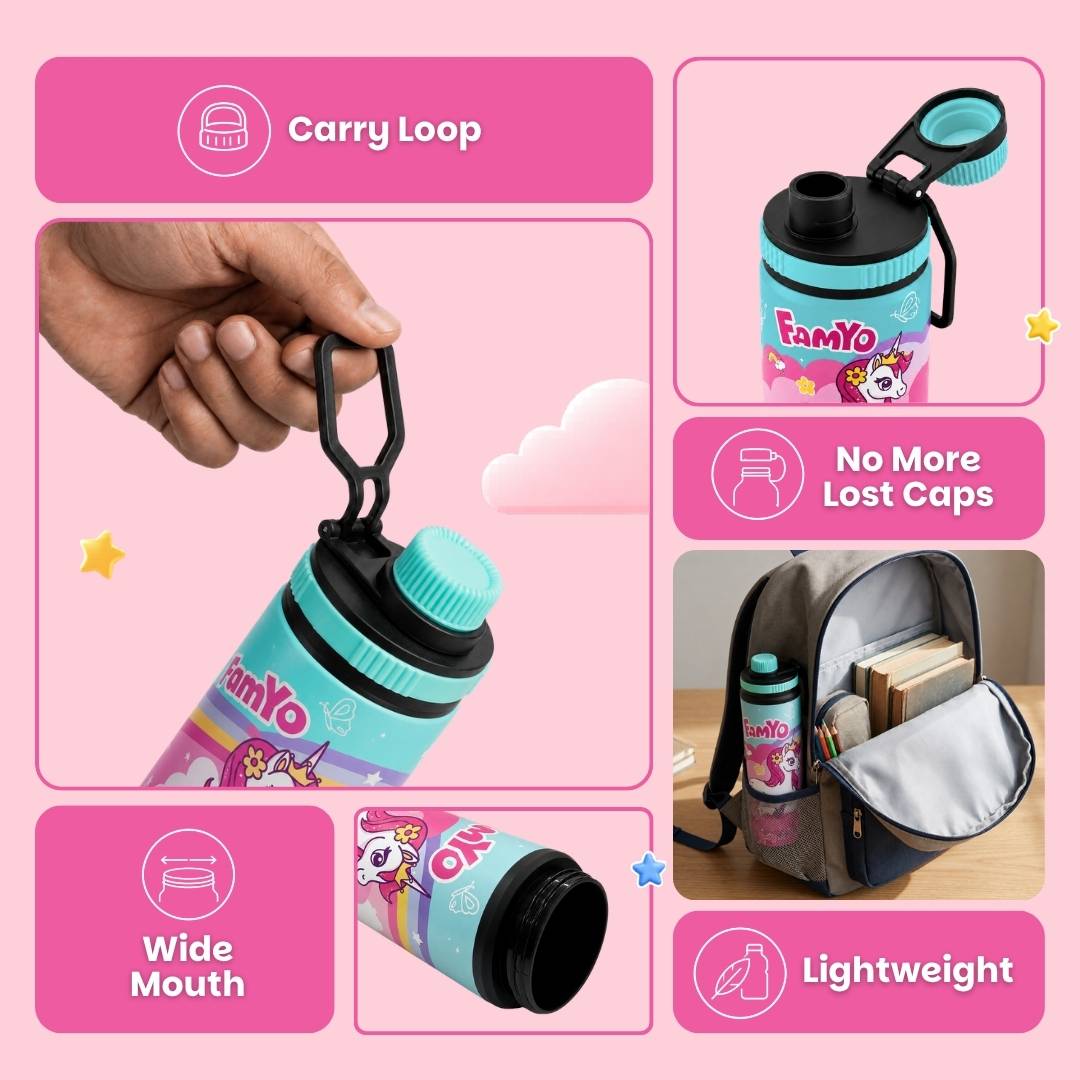 Famyo June the unicron water bottle for kids - 900 ml - school essential - carry loop- wide mouth - lightweight - no more lost caps