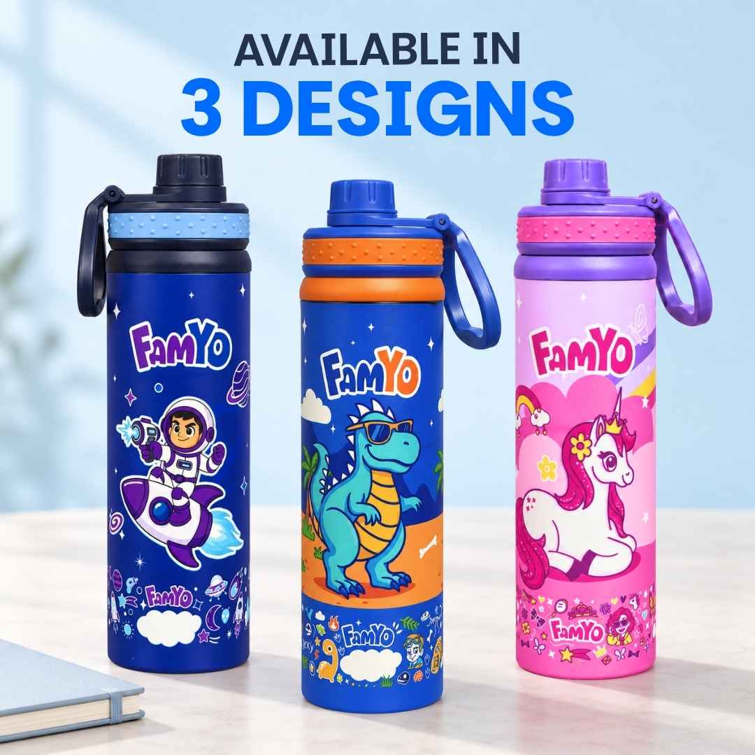 Kids stainless steel water bottle available in June the Unicorn, Rexy the Dinosaur, Leo the Astronaut, Dark Blue Astronaut, and Lavender Unicorn designs, featuring a 900 ml capacity, ideal for school, travel, and everyday hydration.