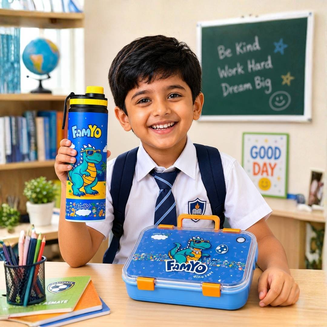 Pack of 2 FamYo lunch box and water bottle with dinosaur design - rexy the dinosaur 