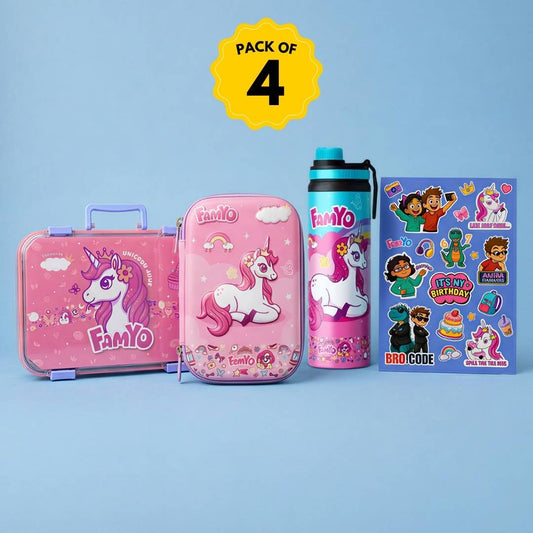 June Unicorn School Essentials Kit for Kids | Bento Lunch Box, 900 ml Steel Water Bottle, Hard Shell Pencil Pouch & Sticker Sheet Combo