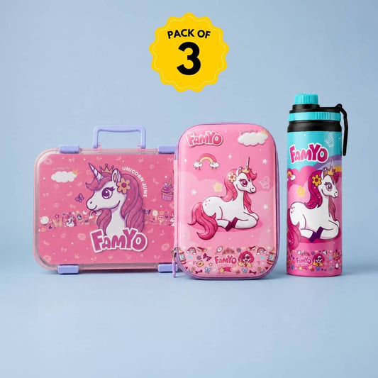 June Unicorn School Essentials Kit for Kids | Bento Lunch Box, 900 ml Steel Water Bottle & Hard Shell Pencil Pouch Combo