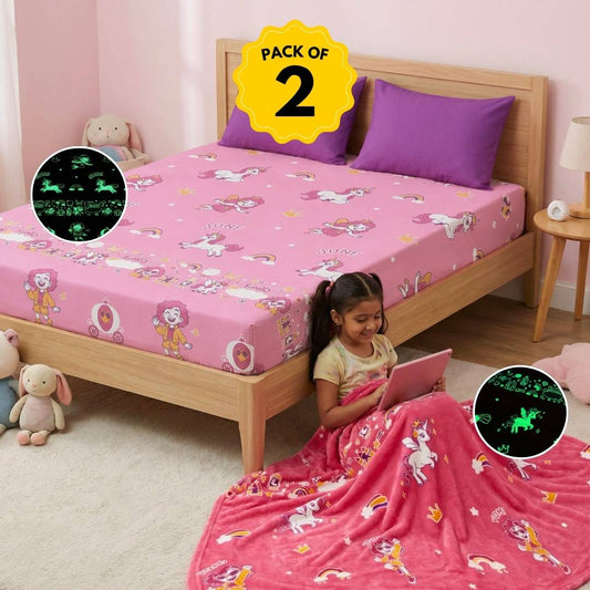 June the Unicorn Glow Maxx Combo for Kids – Glow Blanket + Glow Bedsheet Set | Queen Size Flannel Blanket & King Size Glow in the Dark Bedsheet